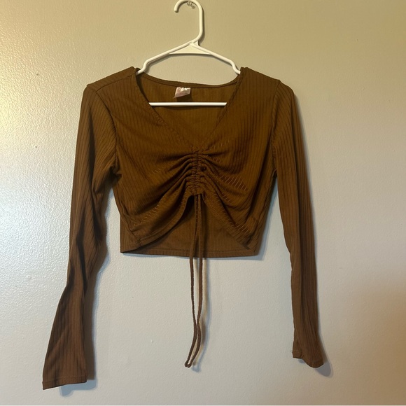 No Boundaries Brown Long Sleeve  Tie Front Y2K Crop Top Size Small - Picture 1 of 7